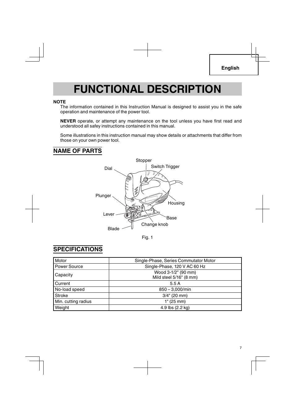 Functional description, Name of parts, Specifications | Hitachi CJ 90VST User Manual | Page 7 / 48