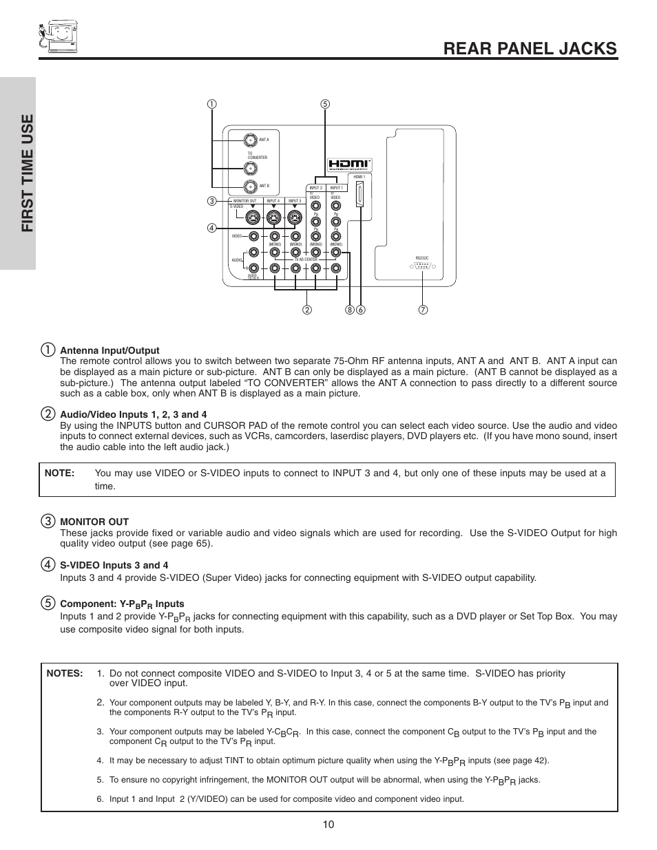 Rear panel jacks, First time use | Hitachi 42V515 User Manual | Page 10 / 80