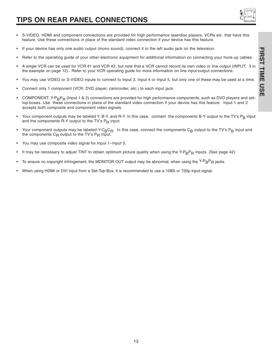 Tips on rear panel connections, First time use | Hitachi 42V515 User Manual | Page 13 / 80