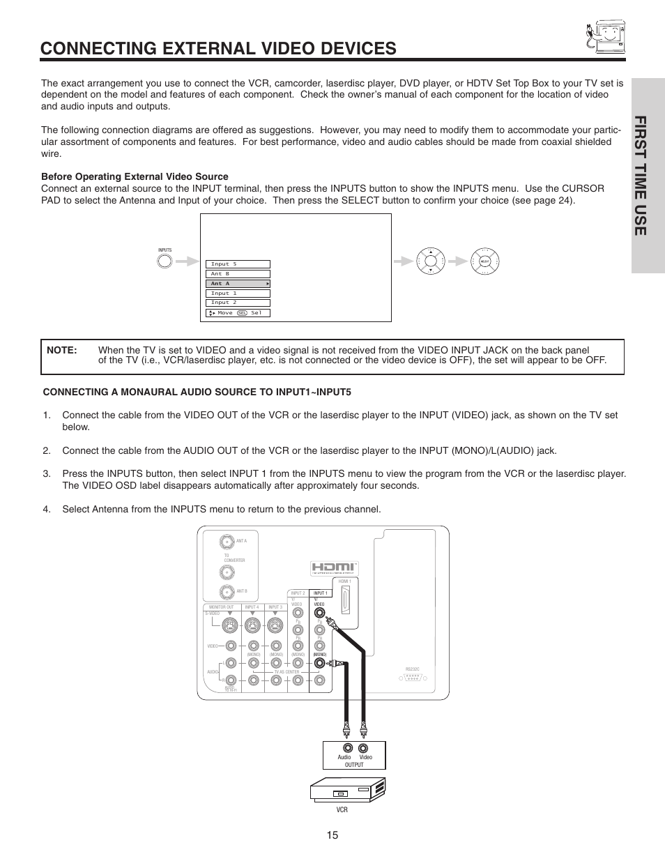 Connecting external video devices, First time use | Hitachi 42V515 User Manual | Page 15 / 80
