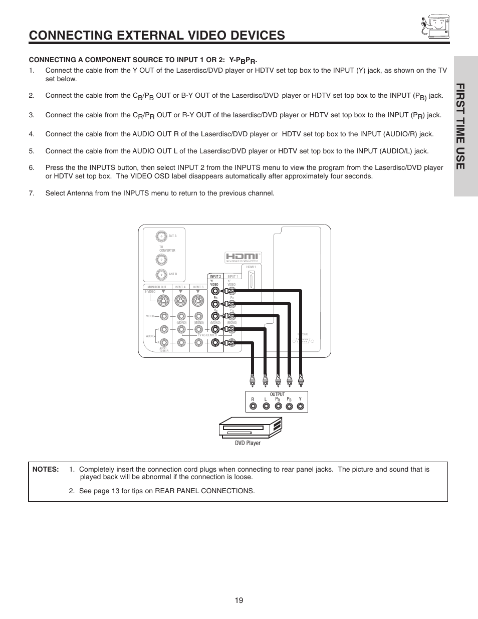 Connecting external video devices, First time use | Hitachi 42V515 User Manual | Page 19 / 80