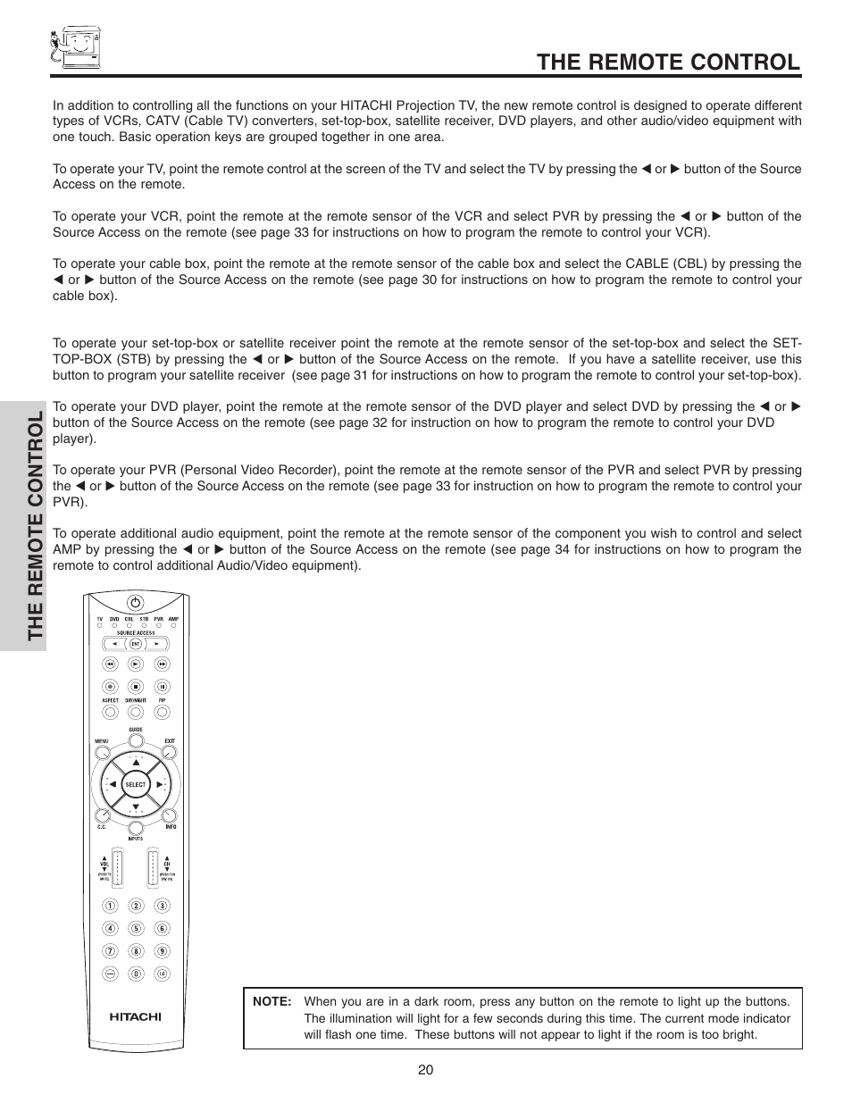 The remote control | Hitachi 42V515 User Manual | Page 20 / 80