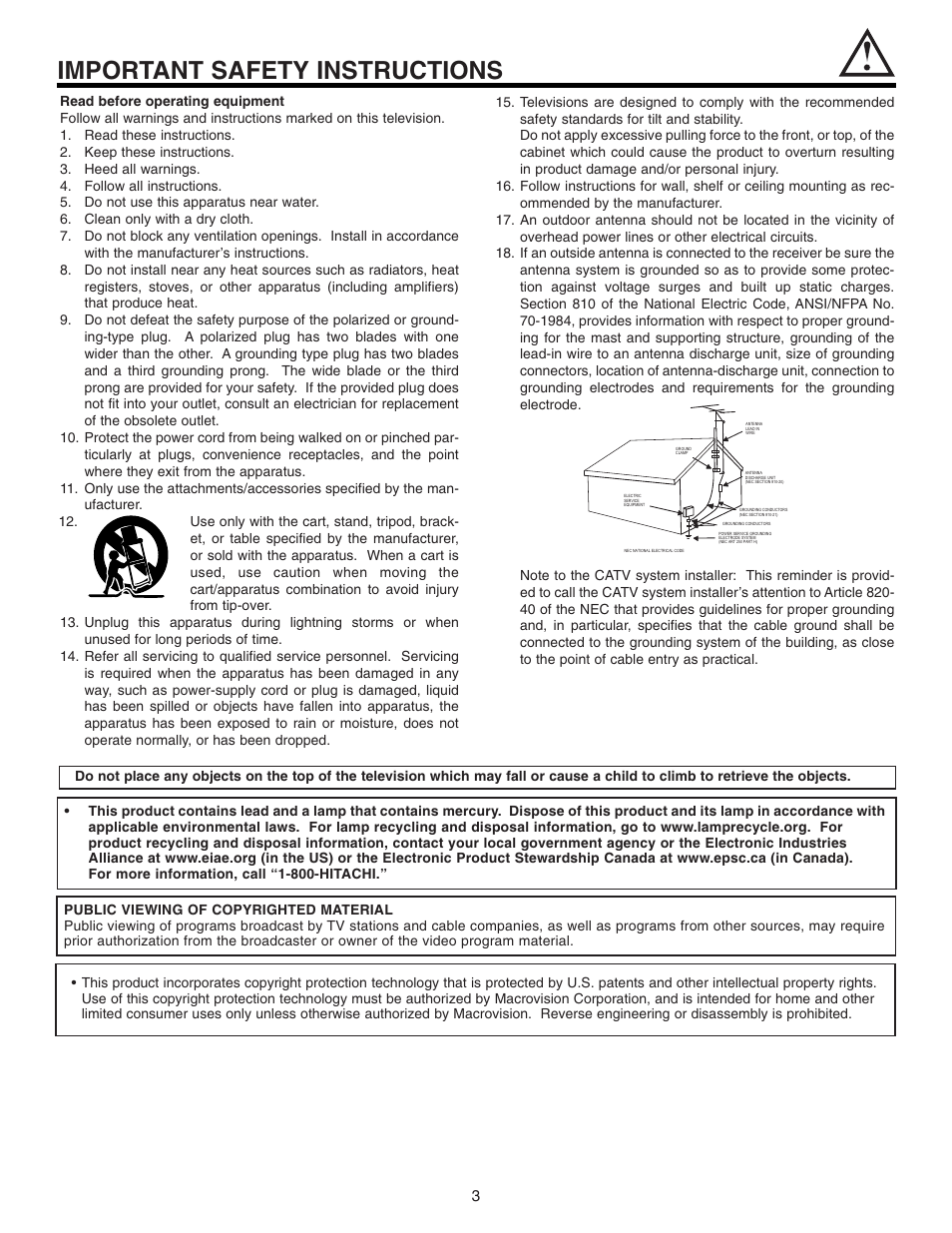 Important safety instructions | Hitachi 42V515 User Manual | Page 3 / 80