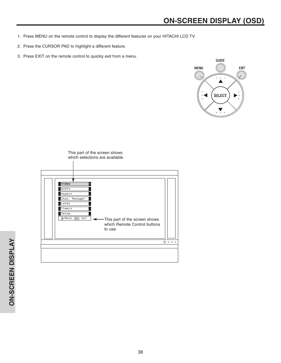 On-screen display (osd), On-screen displa y | Hitachi 42V515 User Manual | Page 38 / 80