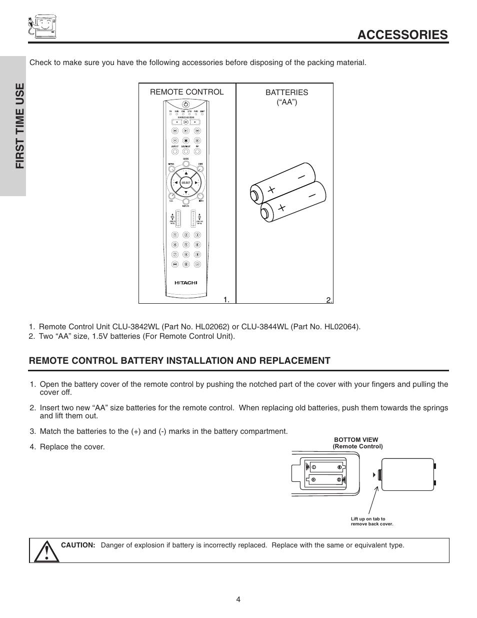 Accessories, First time use | Hitachi 42V515 User Manual | Page 4 / 80