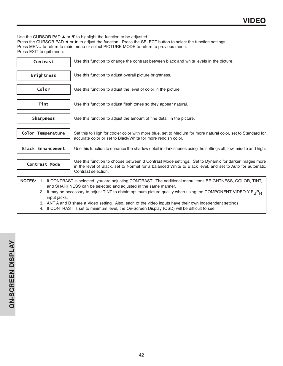 Video, On-screen displa y | Hitachi 42V515 User Manual | Page 42 / 80