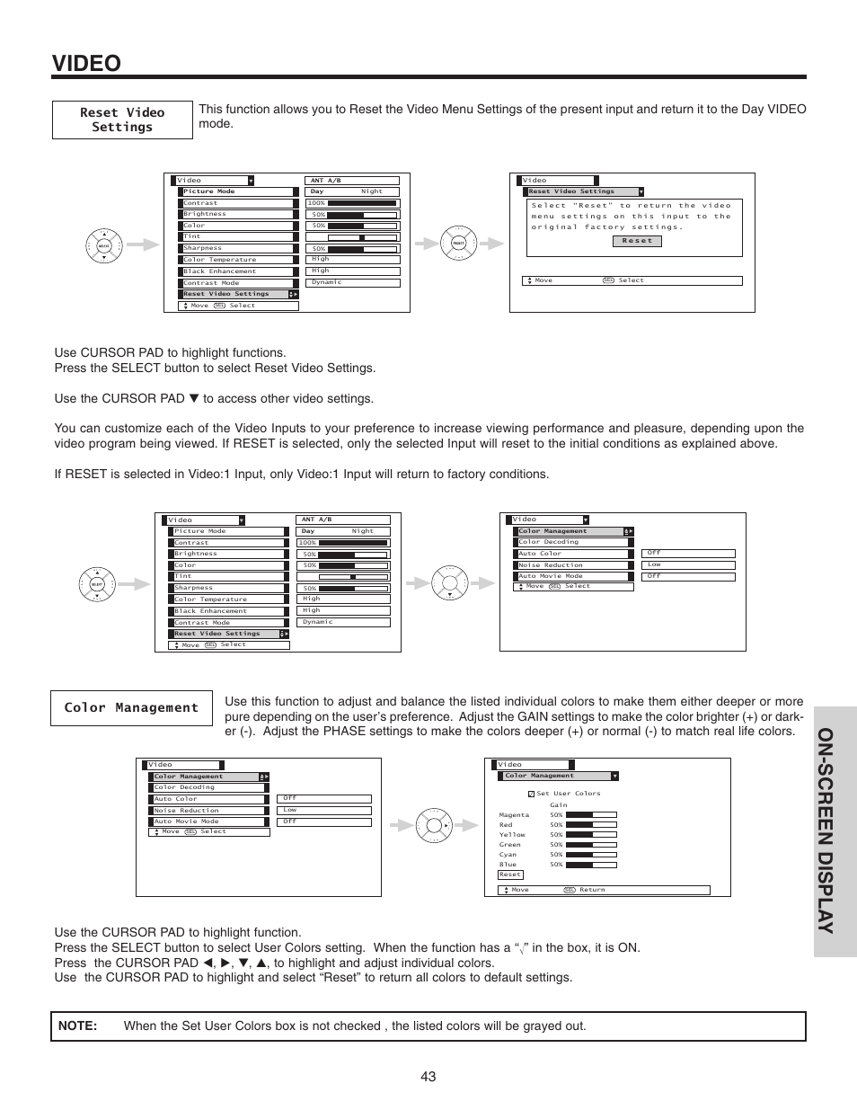 Video, On-screen displa y | Hitachi 42V515 User Manual | Page 43 / 80