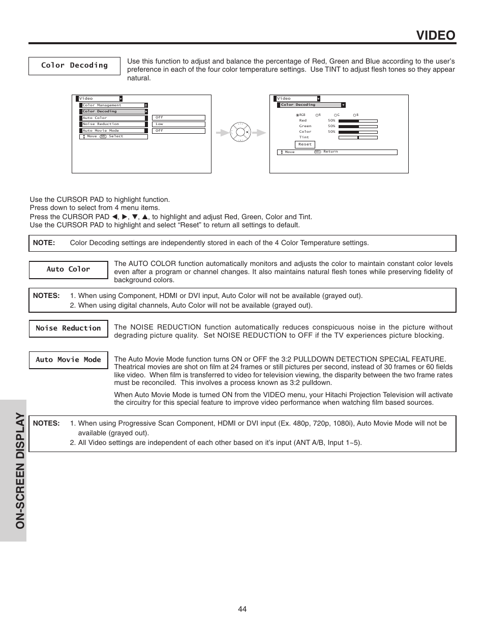 Video, On-screen displa y | Hitachi 42V515 User Manual | Page 44 / 80