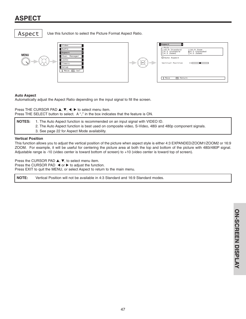 Aspect, On-screen displa y | Hitachi 42V515 User Manual | Page 47 / 80