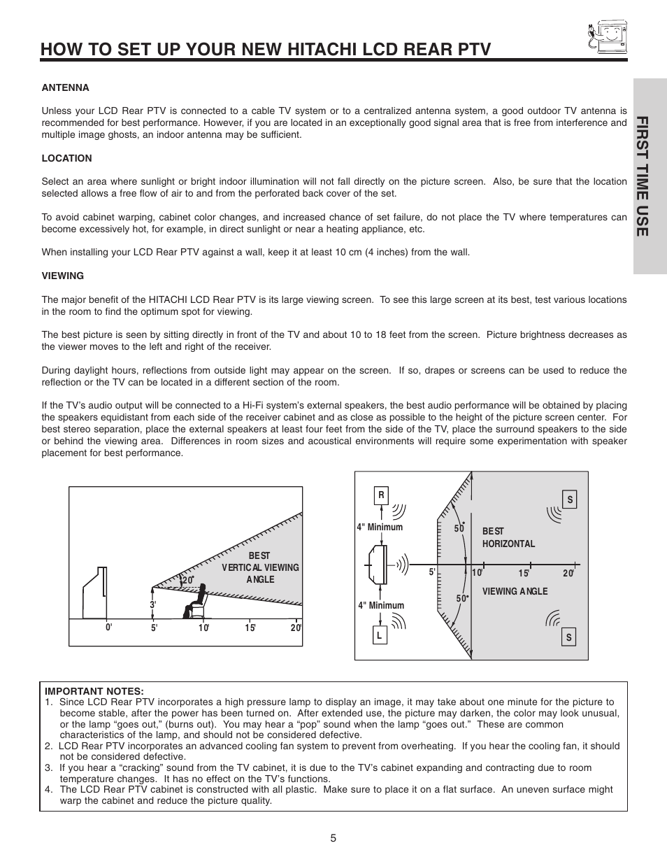 How to set up your new hitachi lcd rear ptv, First time use | Hitachi 42V515 User Manual | Page 5 / 80