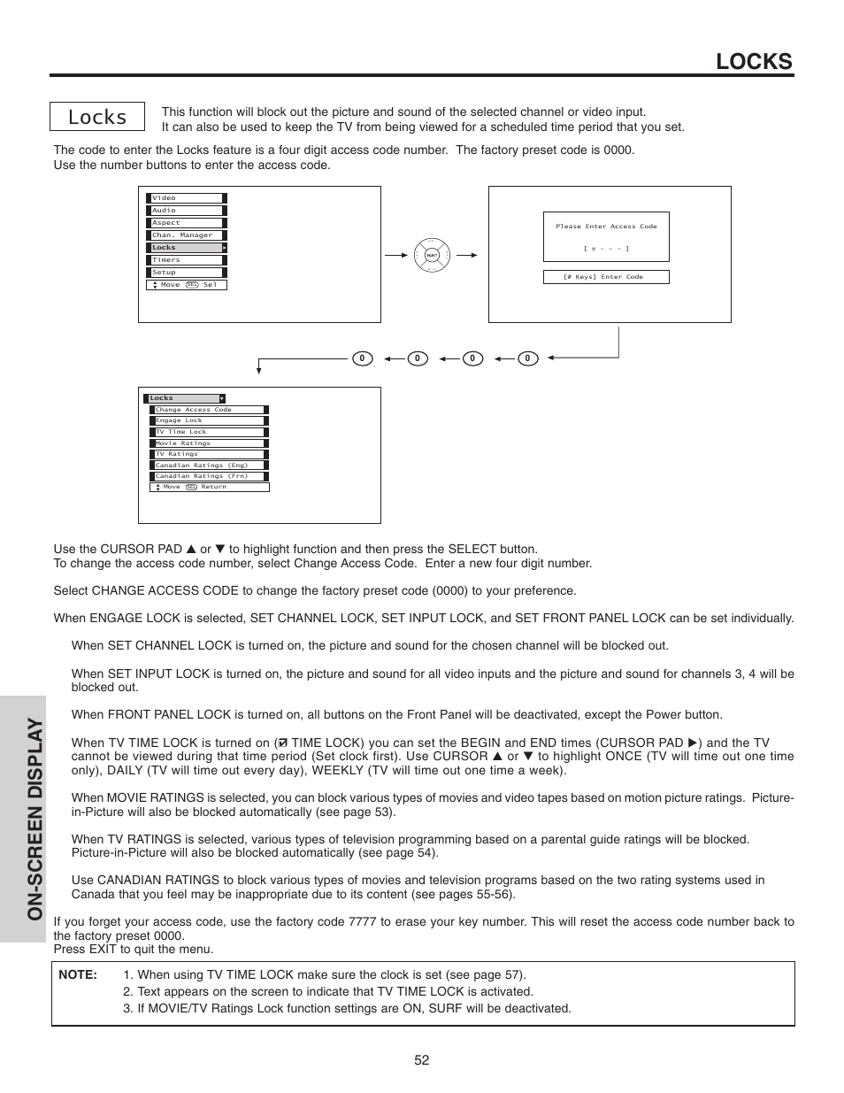 Locks, On-screen displa y | Hitachi 42V515 User Manual | Page 52 / 80