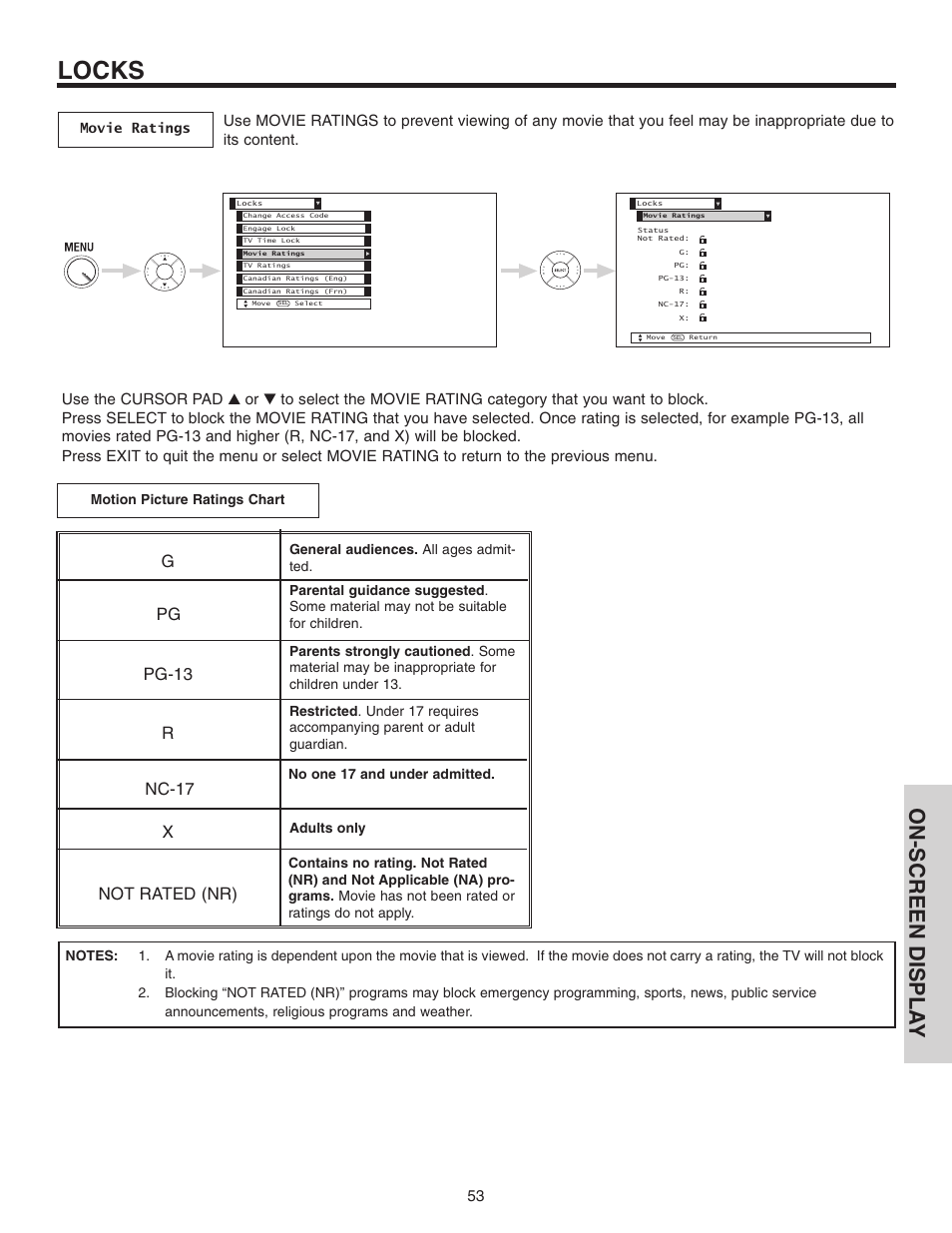 Locks, On-screen displa y, Gpg pg-13 r nc-17 x not rated (nr) | Hitachi 42V515 User Manual | Page 53 / 80