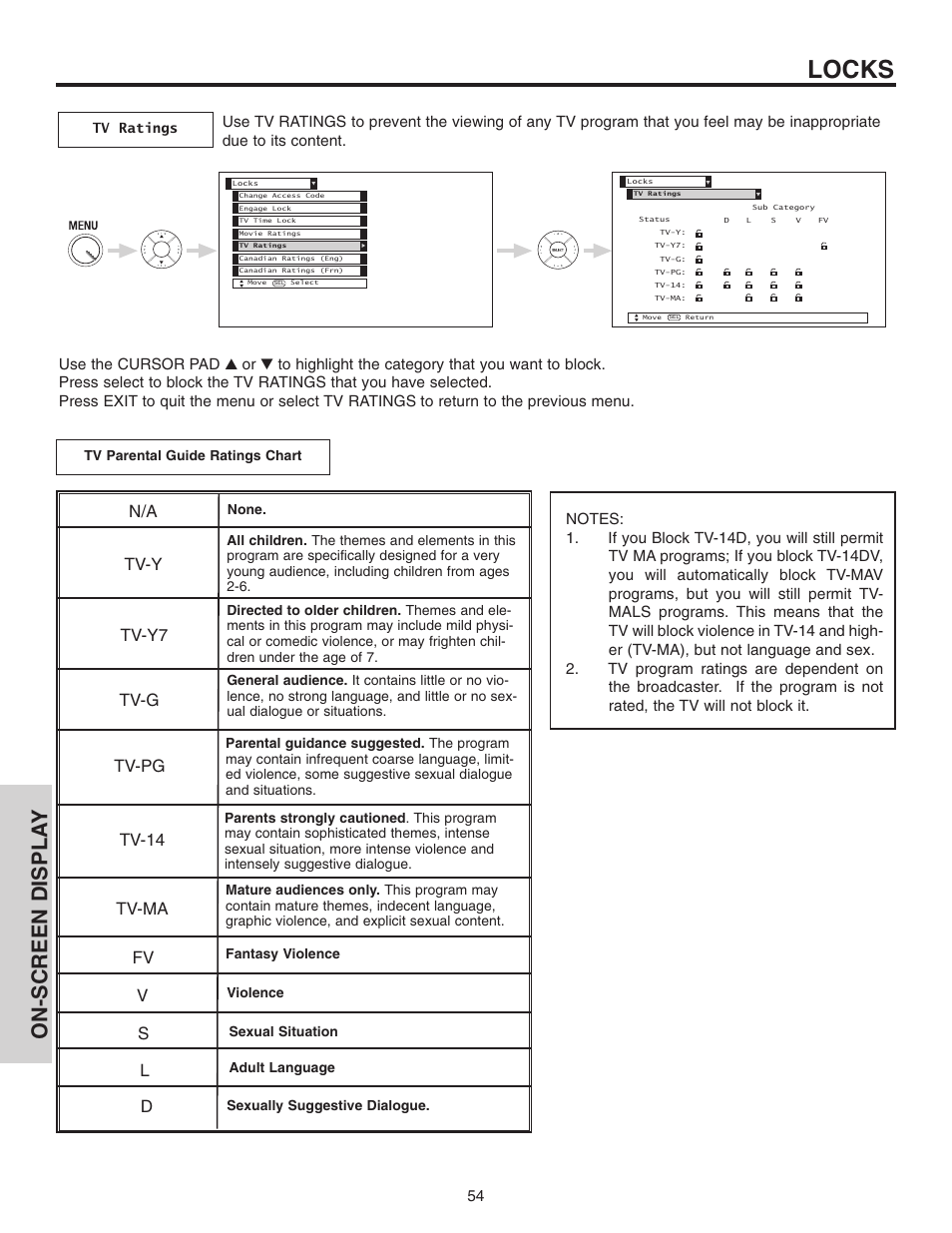 Locks, On-screen displa y, Tv-y tv-y7 tv-g tv-pg tv-14 tv-ma | Hitachi 42V515 User Manual | Page 54 / 80