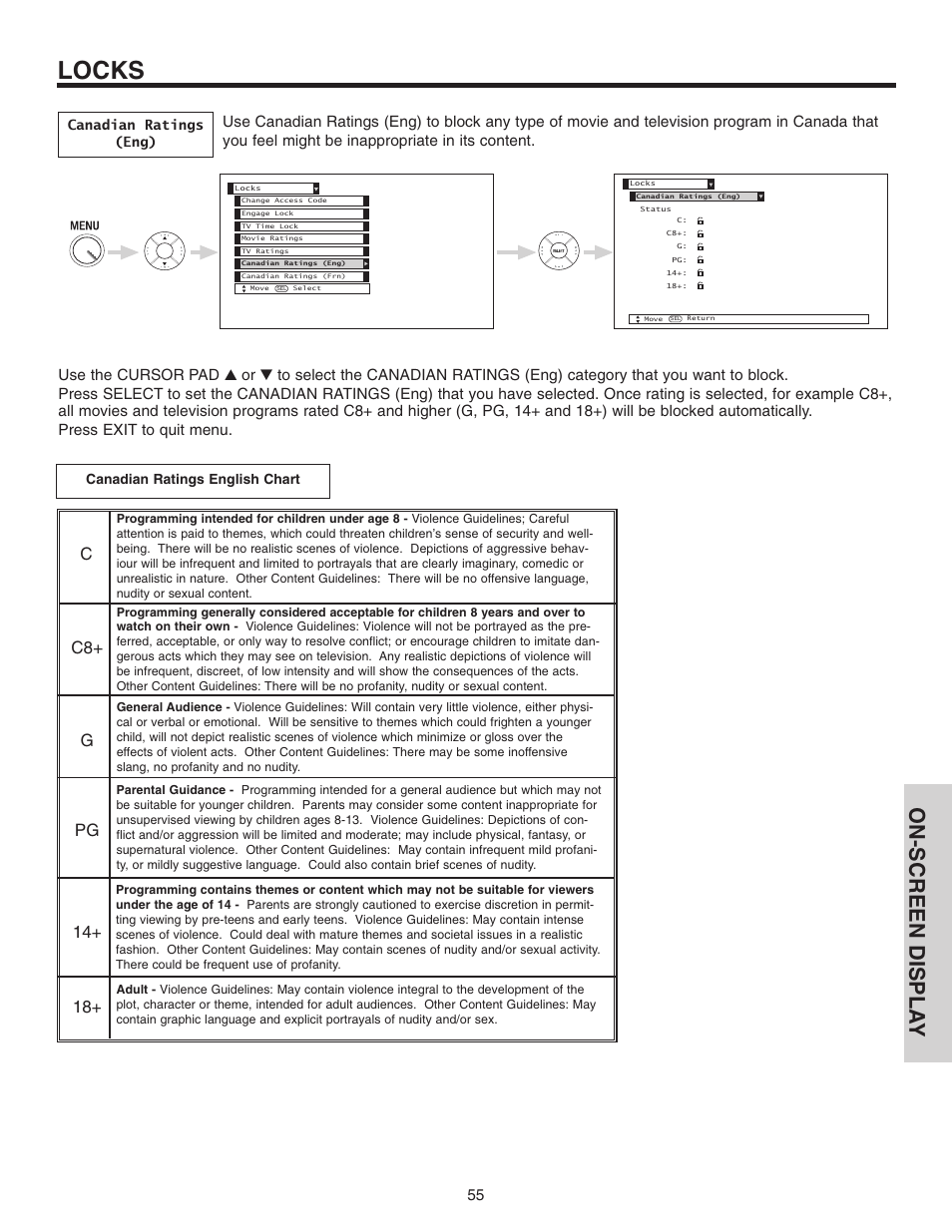 Locks, On-screen displa y | Hitachi 42V515 User Manual | Page 55 / 80