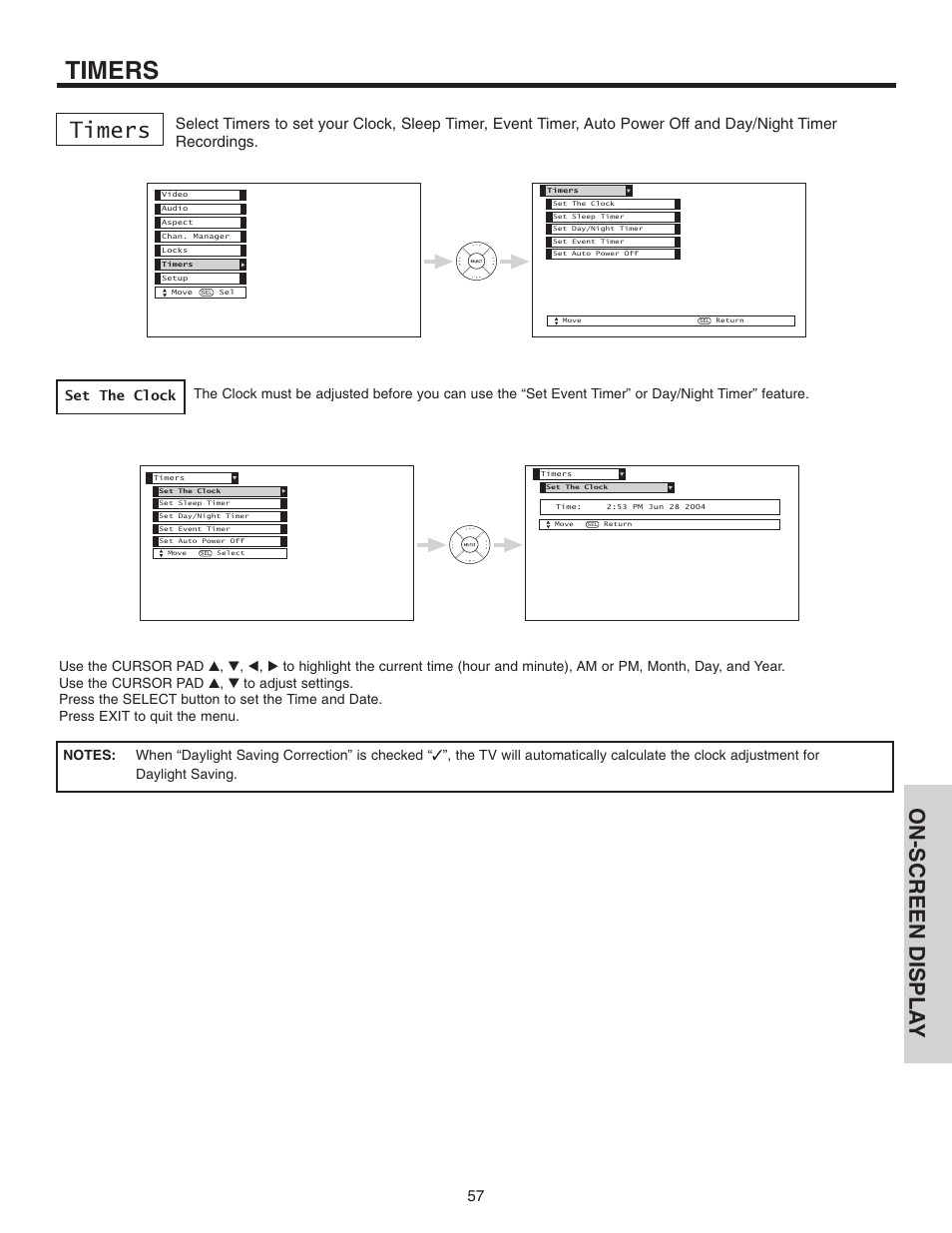 Timers, On-screen displa y, Set the clock | Hitachi 42V515 User Manual | Page 57 / 80
