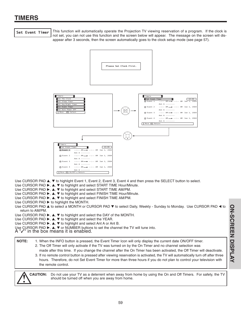 Timers, On-screen displa y, A “ ✓ “ in the box means it is enabled | Hitachi 42V515 User Manual | Page 59 / 80