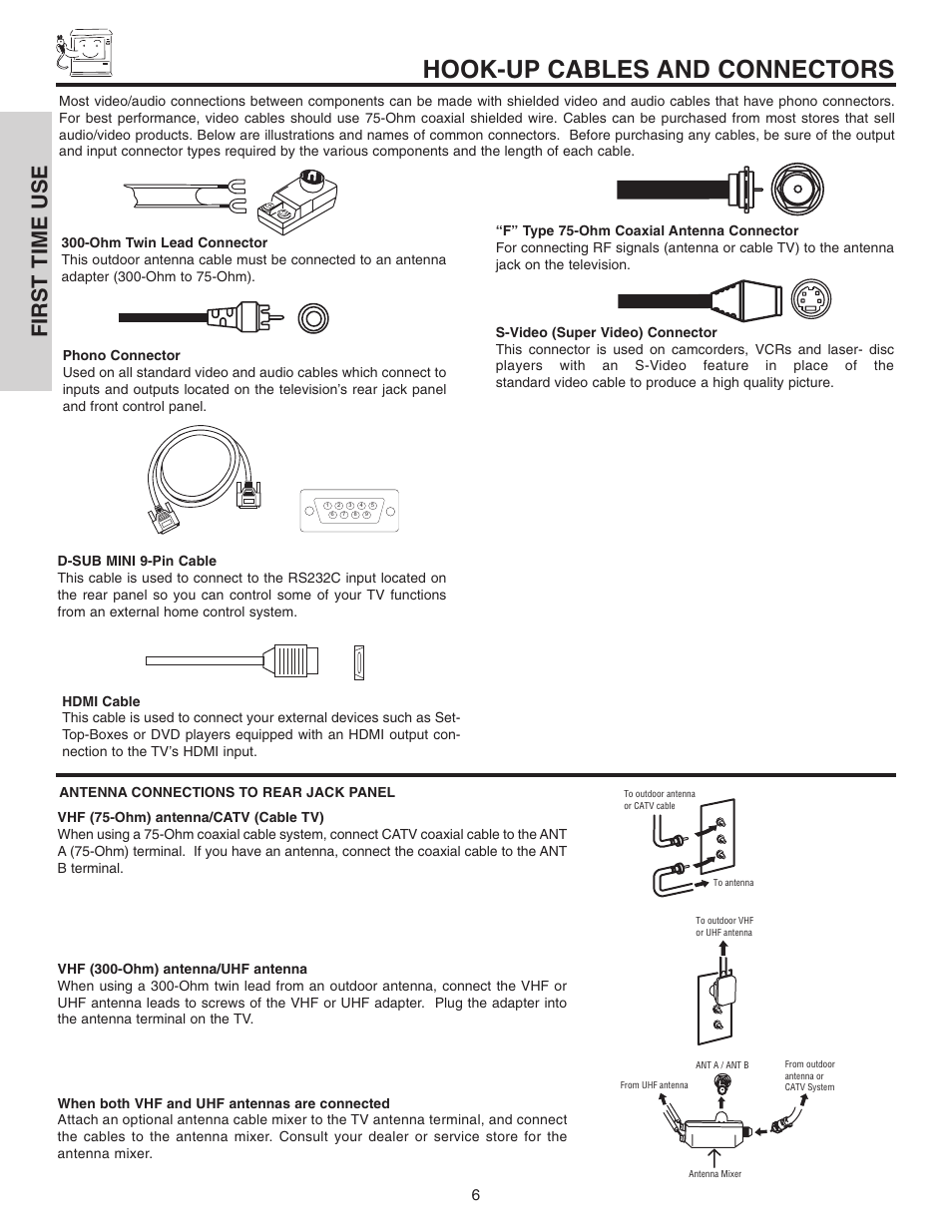 Hook-up cables and connectors, First time use | Hitachi 42V515 User Manual | Page 6 / 80