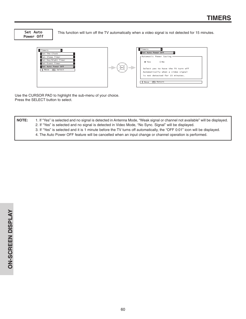 Timers, On-screen displa y | Hitachi 42V515 User Manual | Page 60 / 80