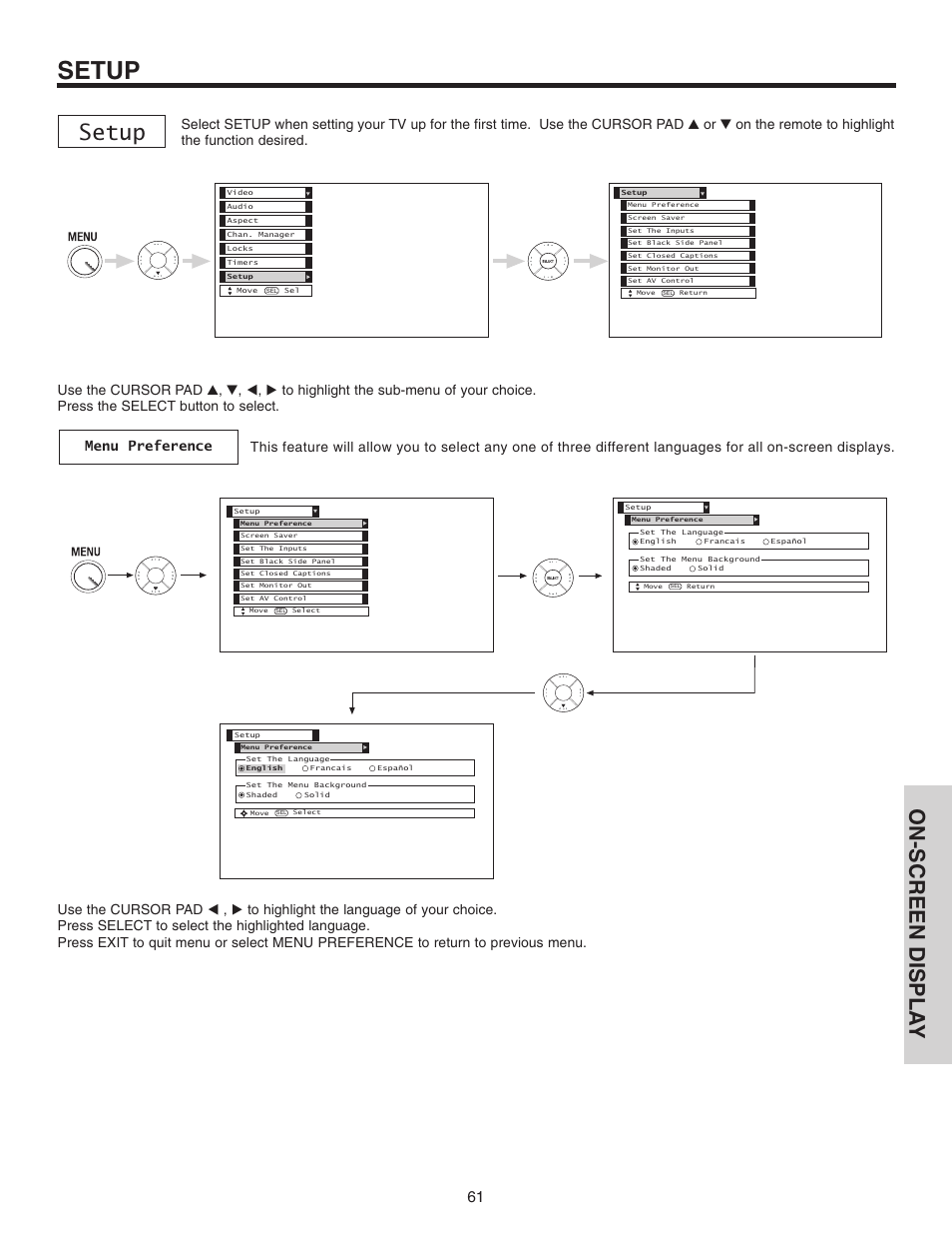 Setup, On-screen displa y | Hitachi 42V515 User Manual | Page 61 / 80
