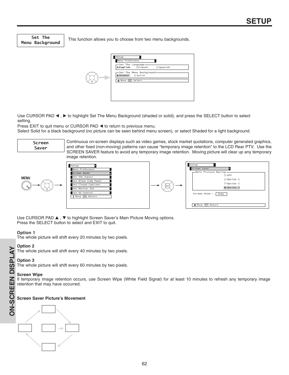 Setup, On-screen displa y | Hitachi 42V515 User Manual | Page 62 / 80