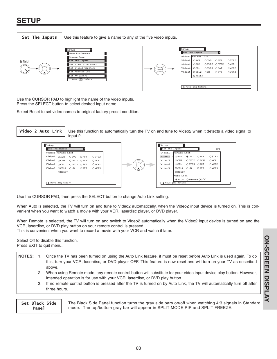 Setup, On-screen displa y | Hitachi 42V515 User Manual | Page 63 / 80
