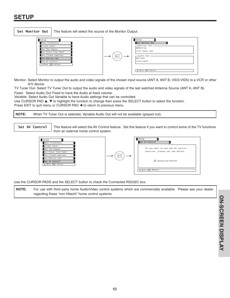 Setup, On-screen displa y | Hitachi 42V515 User Manual | Page 65 / 80