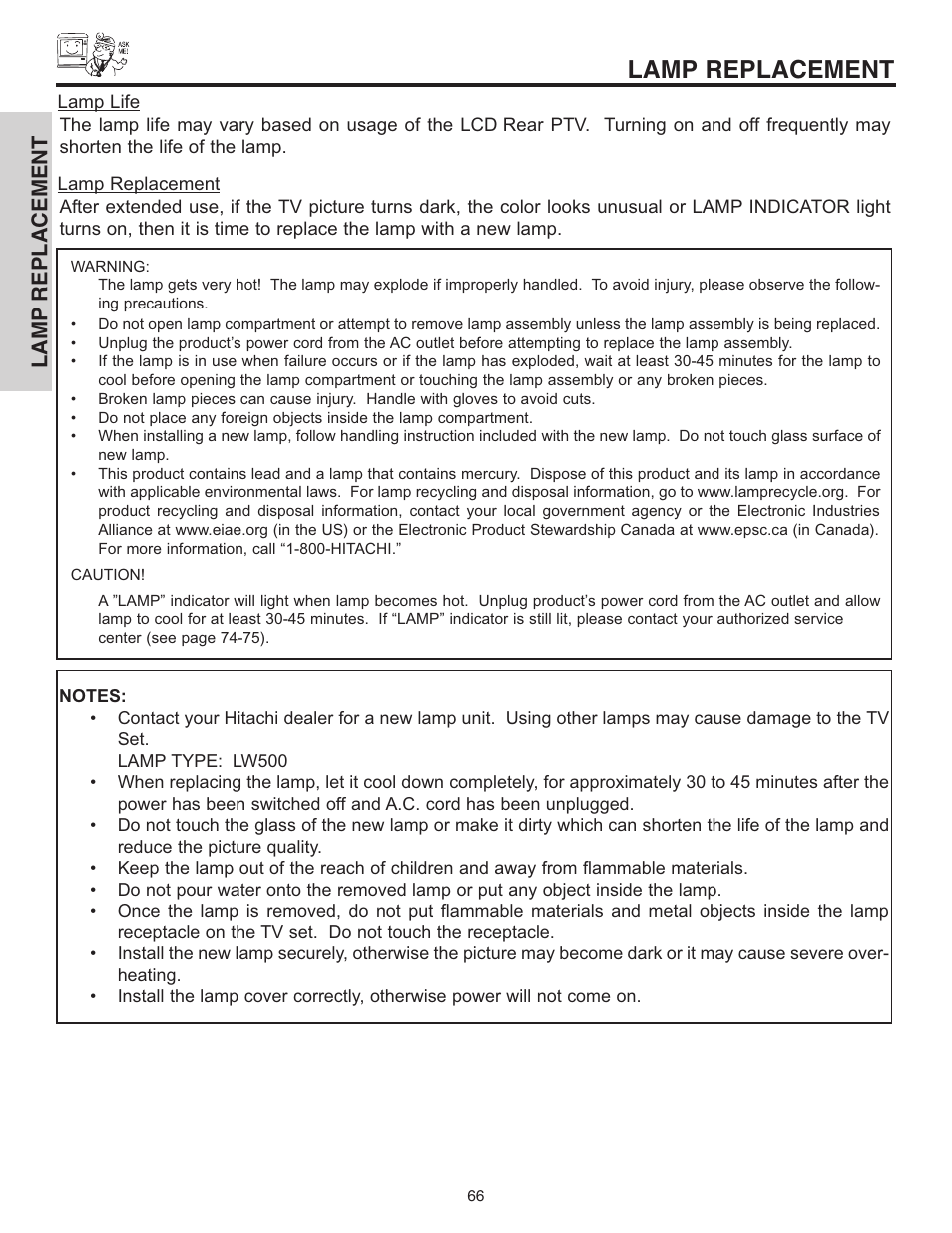 Lamp replacement | Hitachi 42V515 User Manual | Page 66 / 80