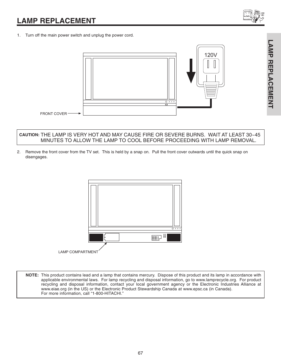 Lamp replacement | Hitachi 42V515 User Manual | Page 67 / 80