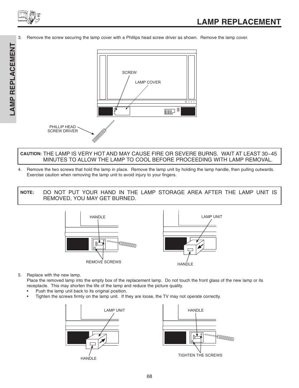 Lamp replacement | Hitachi 42V515 User Manual | Page 68 / 80