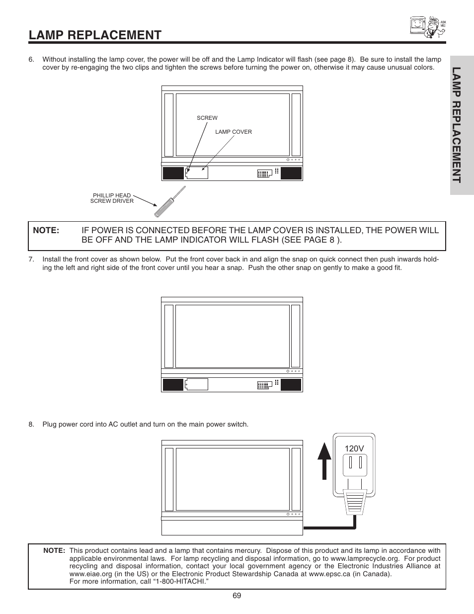 Lamp replacement | Hitachi 42V515 User Manual | Page 69 / 80