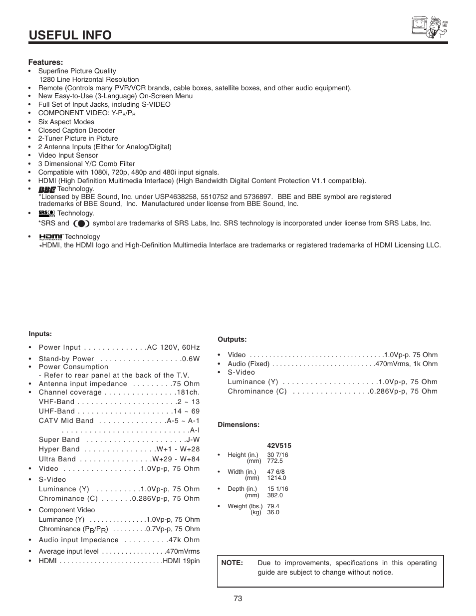 Useful info | Hitachi 42V515 User Manual | Page 73 / 80