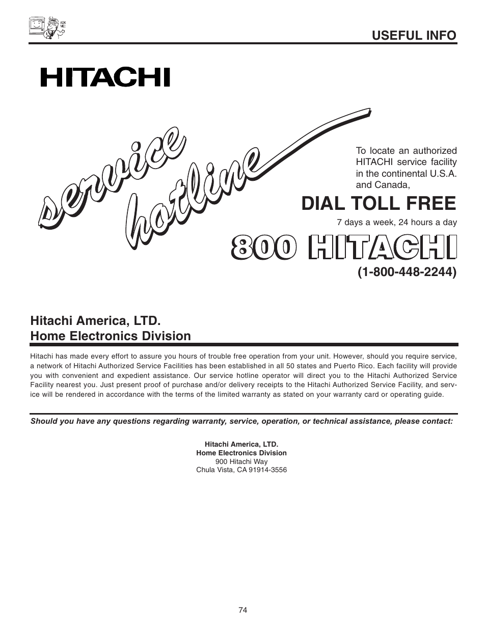 Dial toll free, Useful info, Hitachi america, ltd. home electronics division | Hitachi 42V515 User Manual | Page 74 / 80