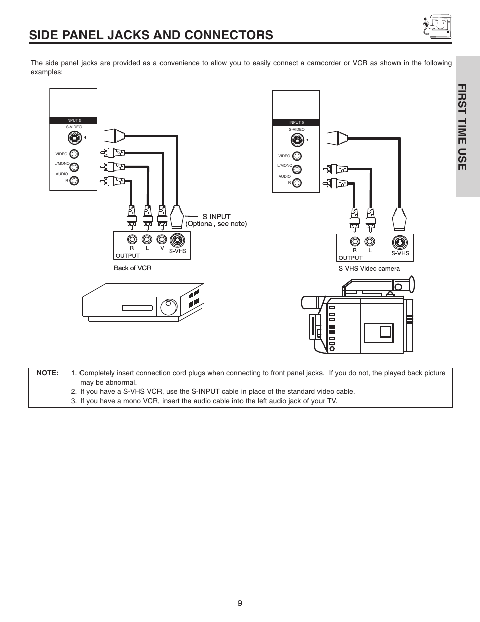 Side panel jacks and connectors, First time use | Hitachi 42V515 User Manual | Page 9 / 80