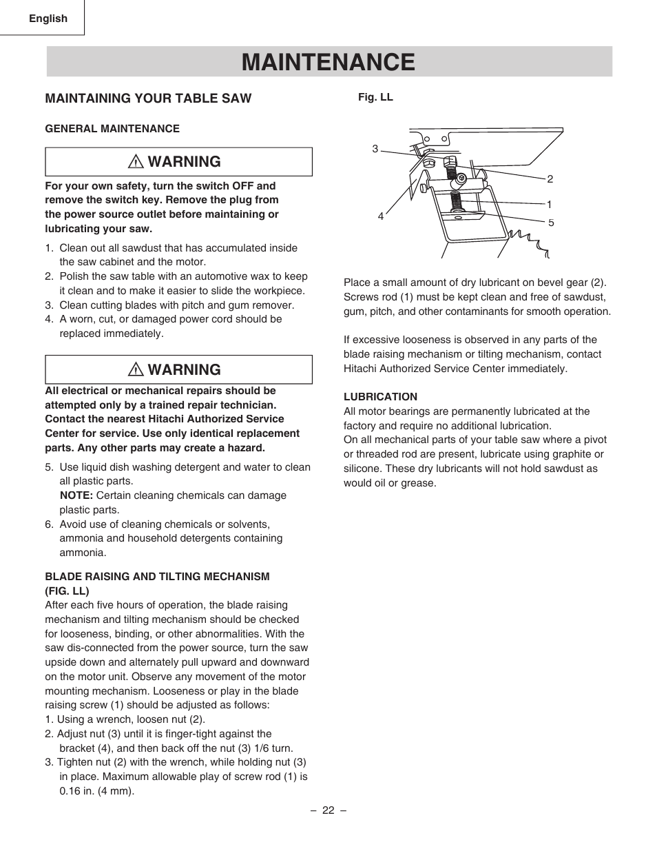 Maintenance, Warning | Hitachi C 10RA3 User Manual | Page 22 / 72