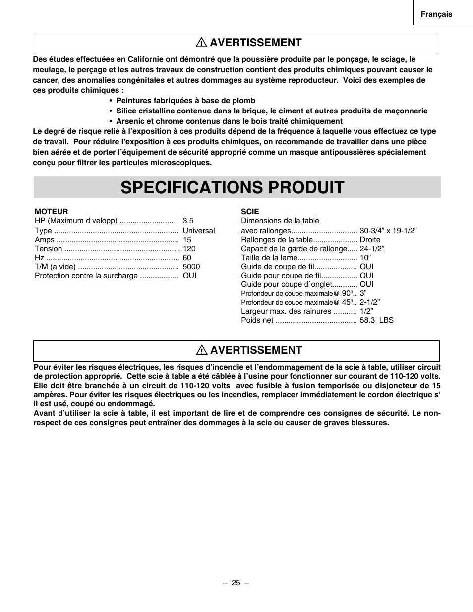 Specifications produit, Avertissement | Hitachi C 10RA3 User Manual | Page 25 / 72