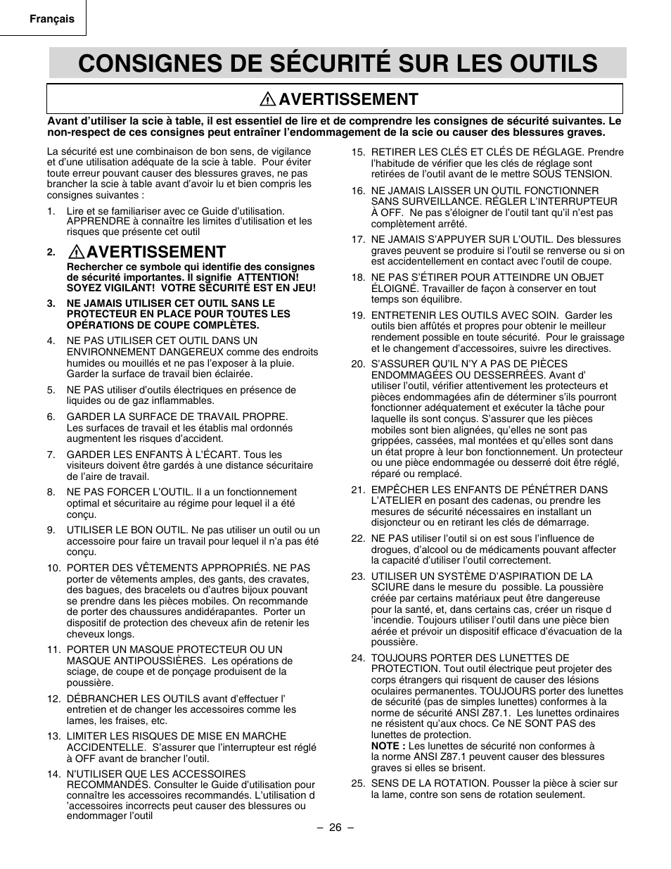 Consignes de sécurité sur les outils, Avertissement | Hitachi C 10RA3 User Manual | Page 26 / 72