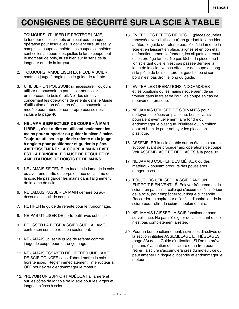Consignes de sécurité sur la scie à table | Hitachi C 10RA3 User Manual | Page 27 / 72