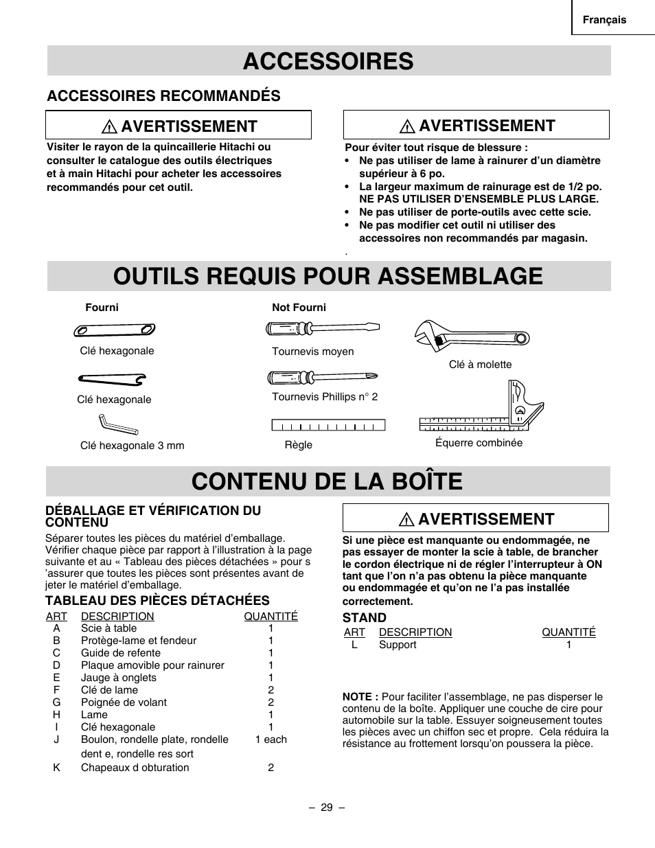 Outils requis pour assemblage, Accessoires, Contenu de la boîte | Avertissement, Accessoires recommandés | Hitachi C 10RA3 User Manual | Page 29 / 72