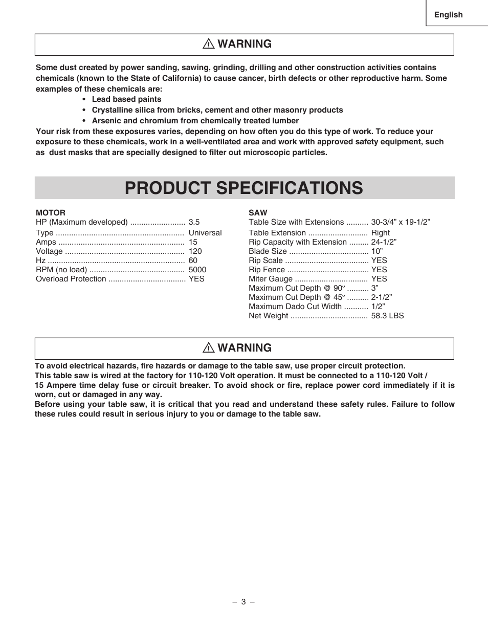 Product specifications, Warning | Hitachi C 10RA3 User Manual | Page 3 / 72