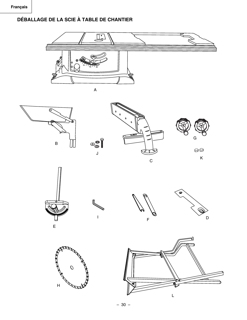 Déballage de la scie à table de chantier, 30 – français, Oblade angle | Hitachi C 10RA3 User Manual | Page 30 / 72