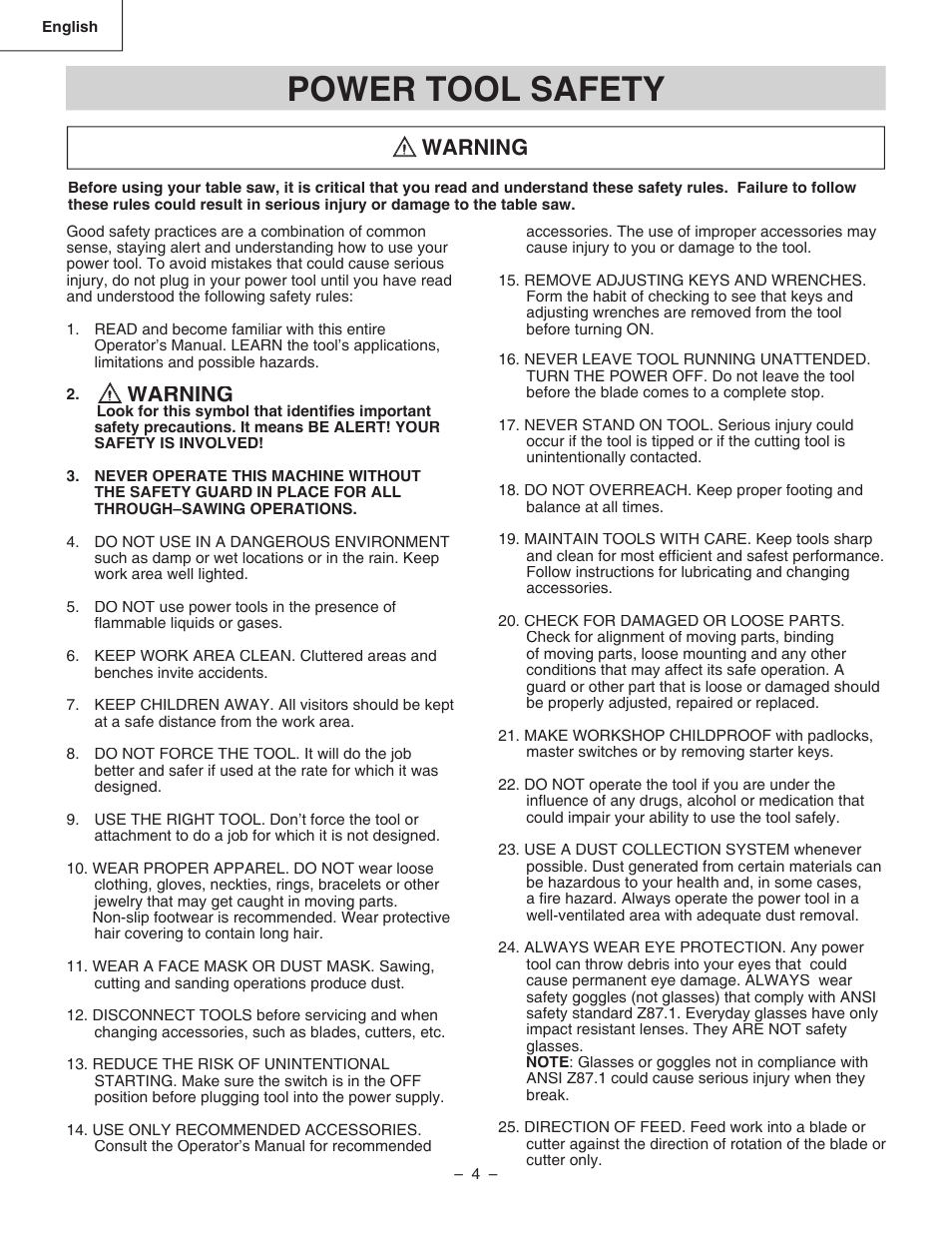 Power tool safety, Warning | Hitachi C 10RA3 User Manual | Page 4 / 72