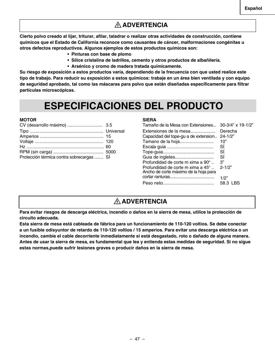 Especificaciones del producto, Advertencia | Hitachi C 10RA3 User Manual | Page 47 / 72