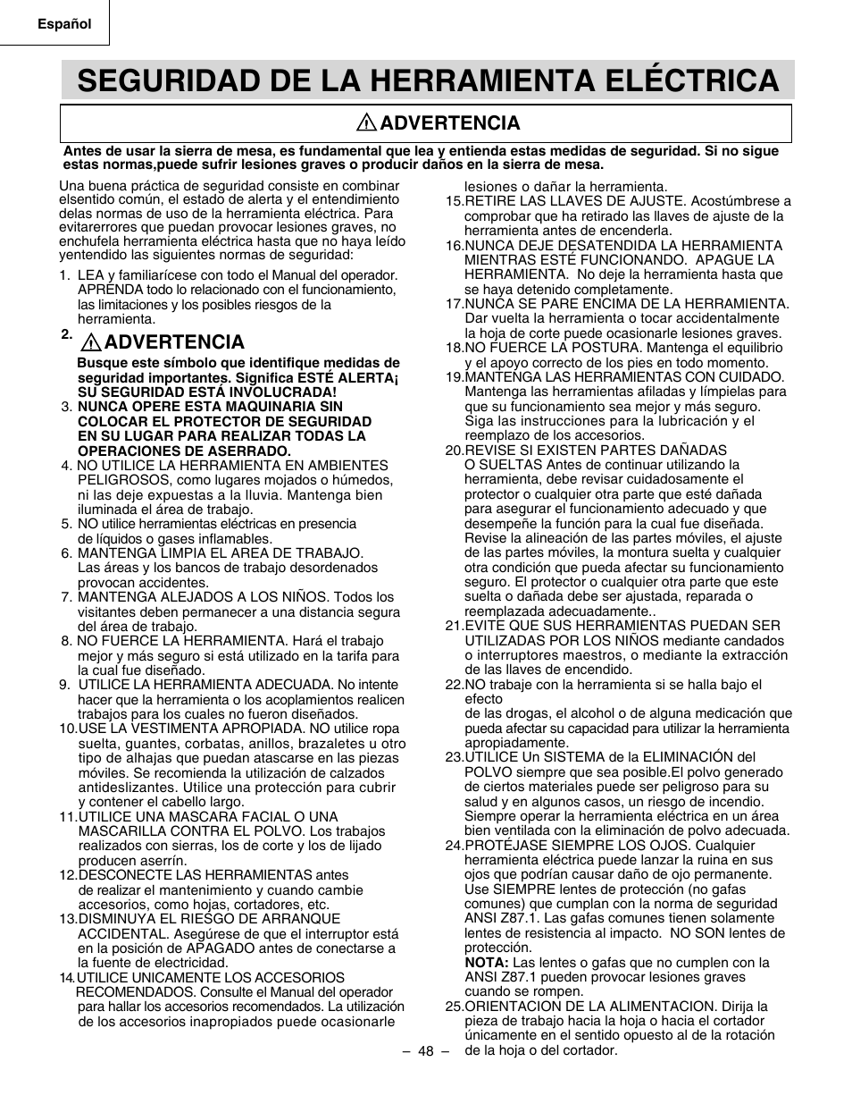 Seguridad de la herramienta eléctrica, Advertencia | Hitachi C 10RA3 User Manual | Page 48 / 72