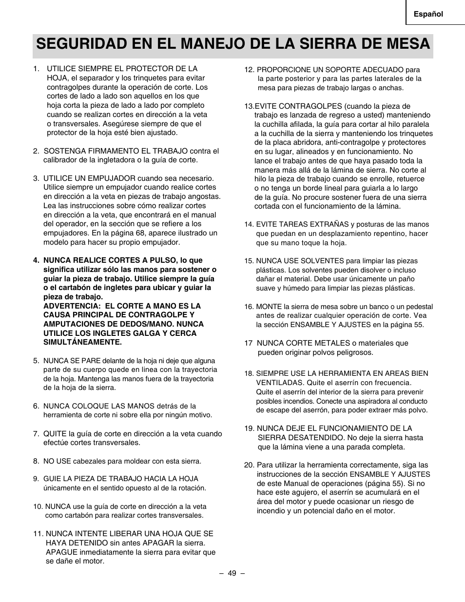 Seguridad en el manejo de la sierra de mesa | Hitachi C 10RA3 User Manual | Page 49 / 72