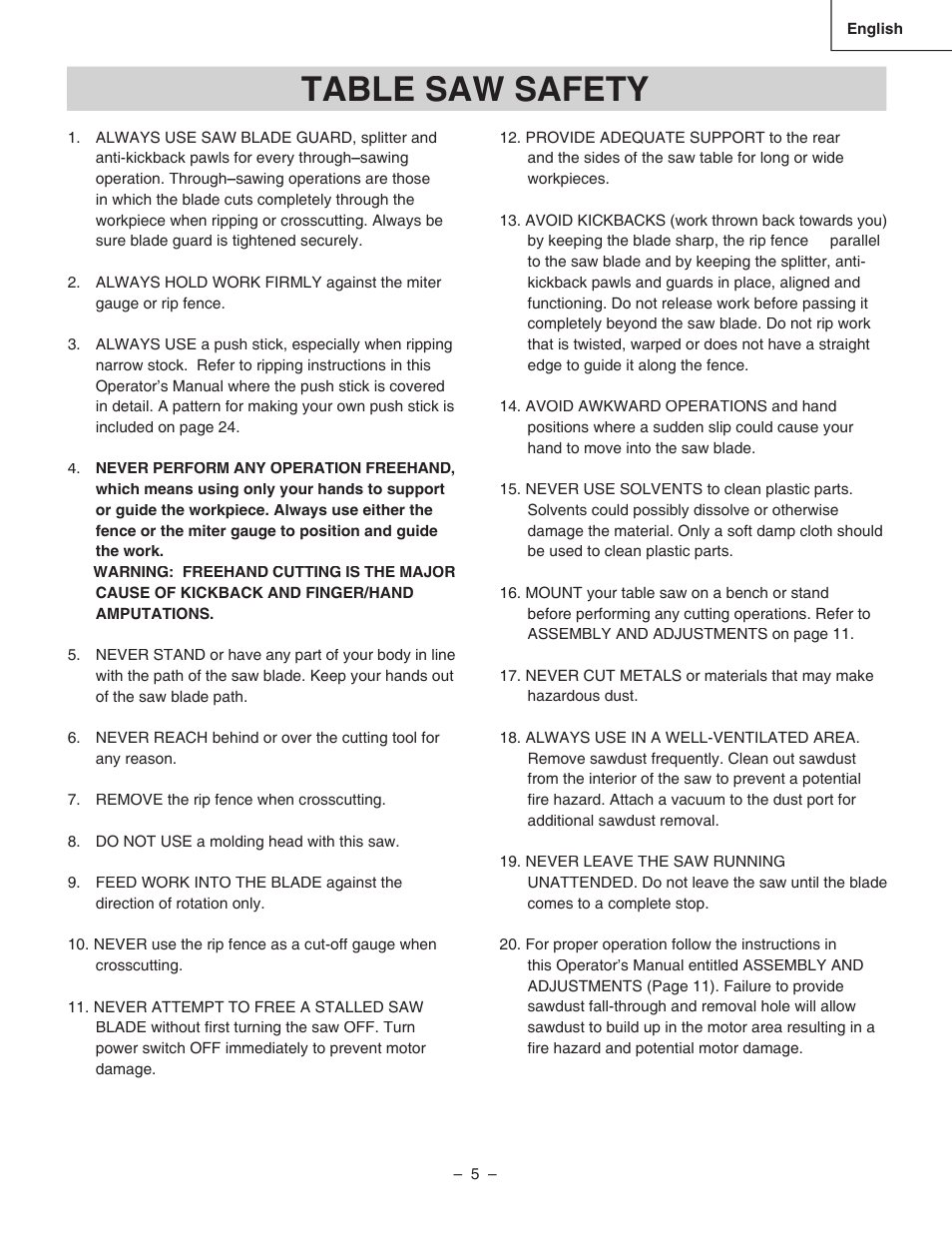 Table saw safety | Hitachi C 10RA3 User Manual | Page 5 / 72