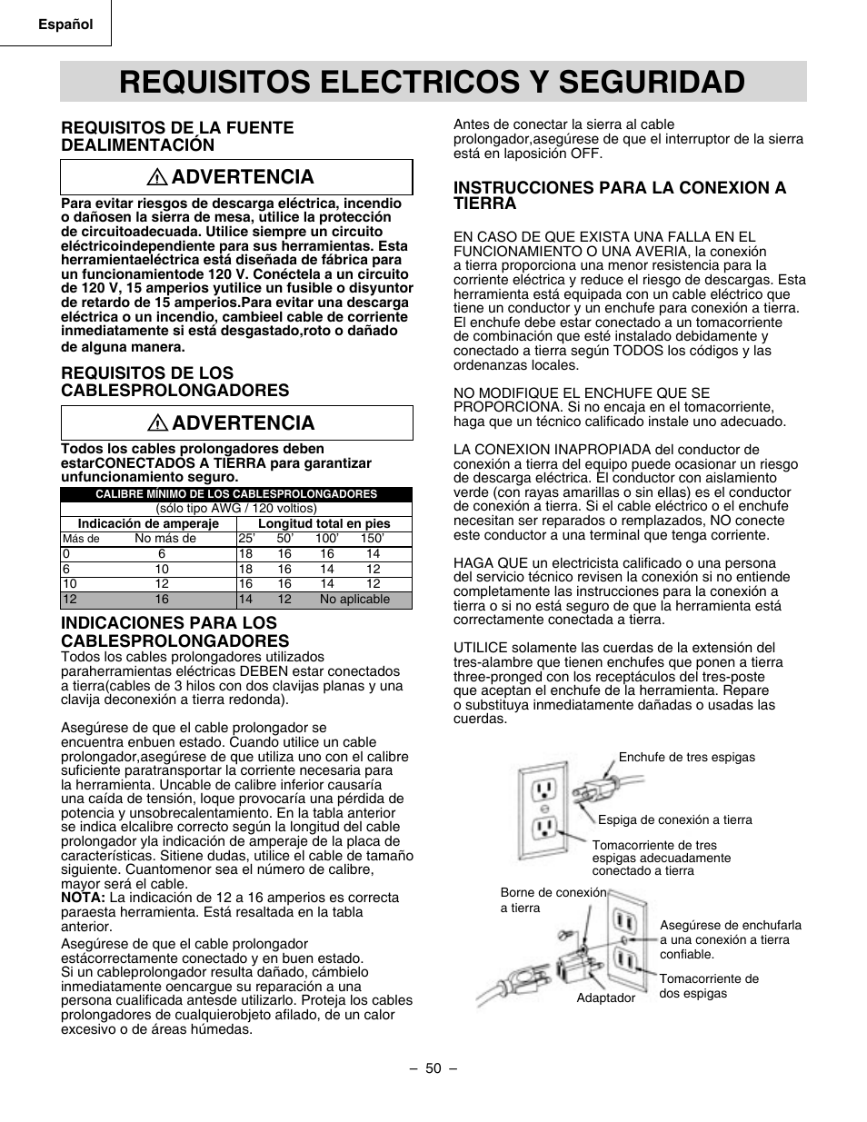 Requisitos electricos y seguridad, Advertencia | Hitachi C 10RA3 User Manual | Page 50 / 72