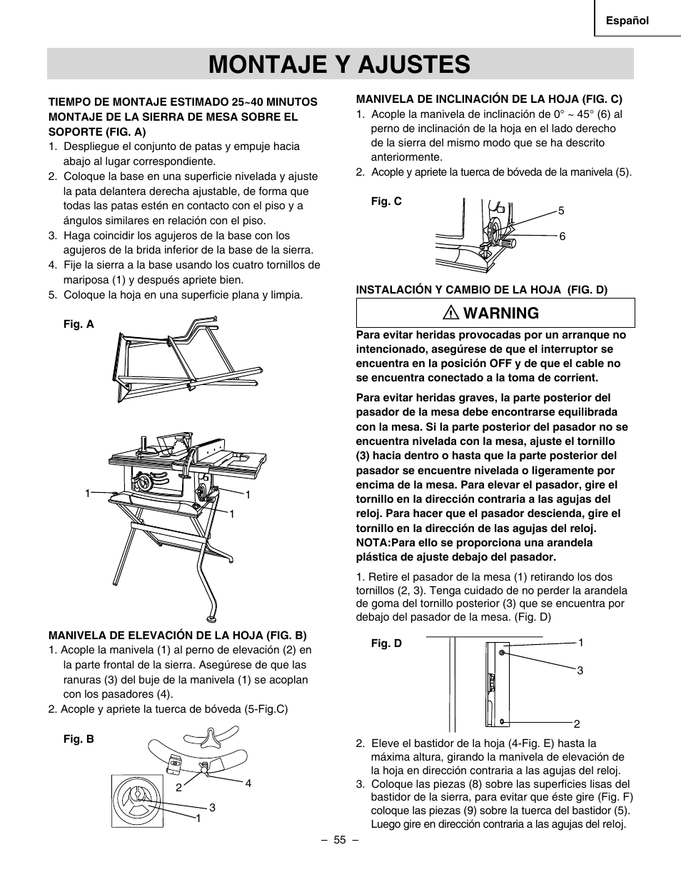 Montaje y ajustes, Warning | Hitachi C 10RA3 User Manual | Page 55 / 72