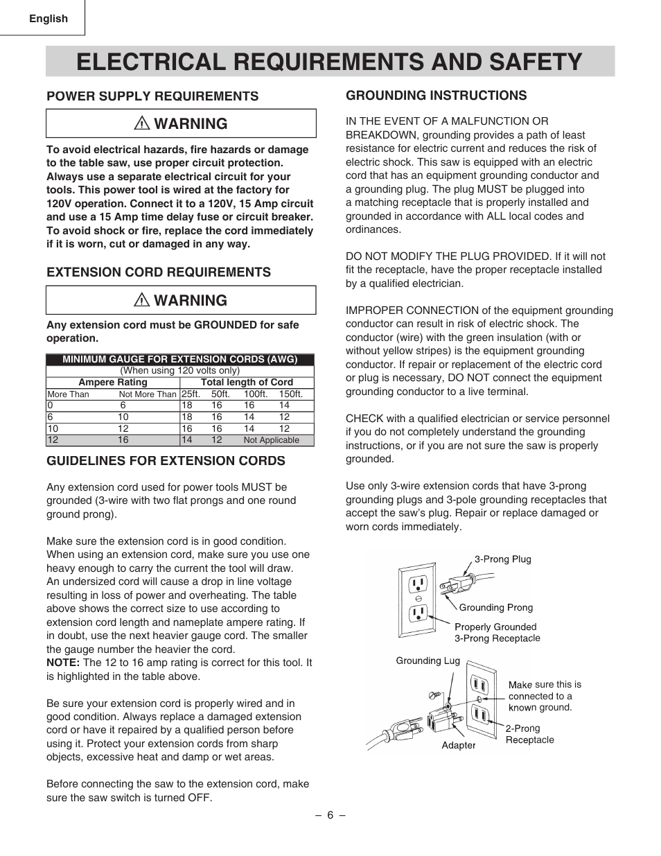 Electrical requirements and safety, Warning | Hitachi C 10RA3 User Manual | Page 6 / 72