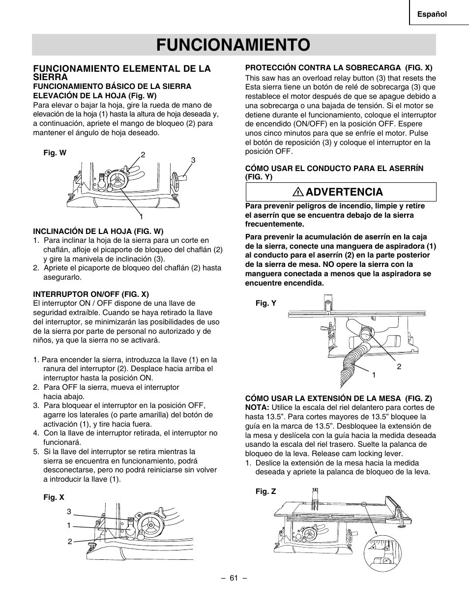 Funcionamiento, Advertencia | Hitachi C 10RA3 User Manual | Page 61 / 72