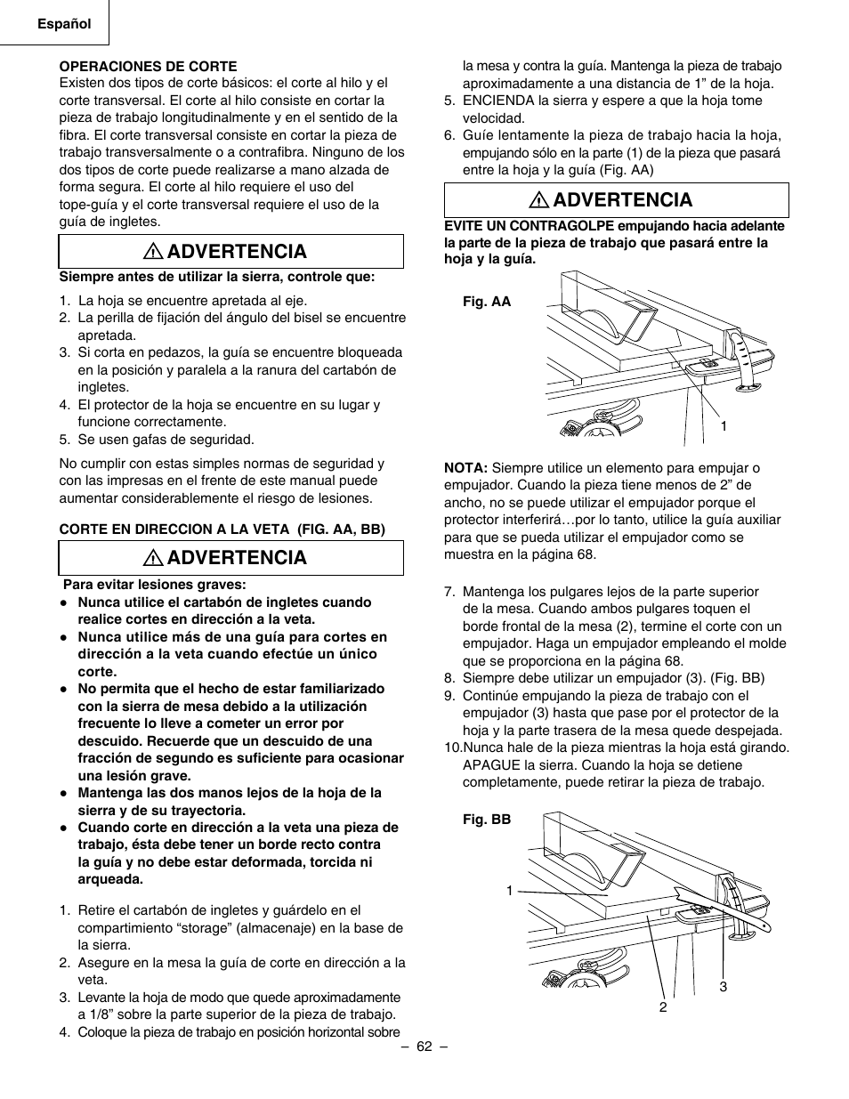 Advertencia | Hitachi C 10RA3 User Manual | Page 62 / 72